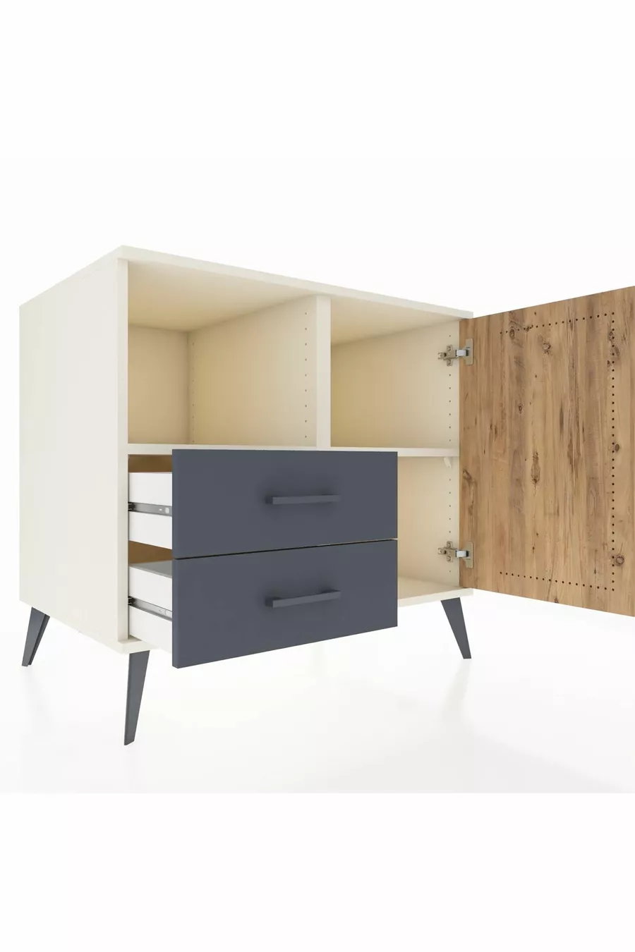 Commode Kronos avec 2 étagères, 2 tiroirs et 1 porte, Albâtre-Pin/Anthracite