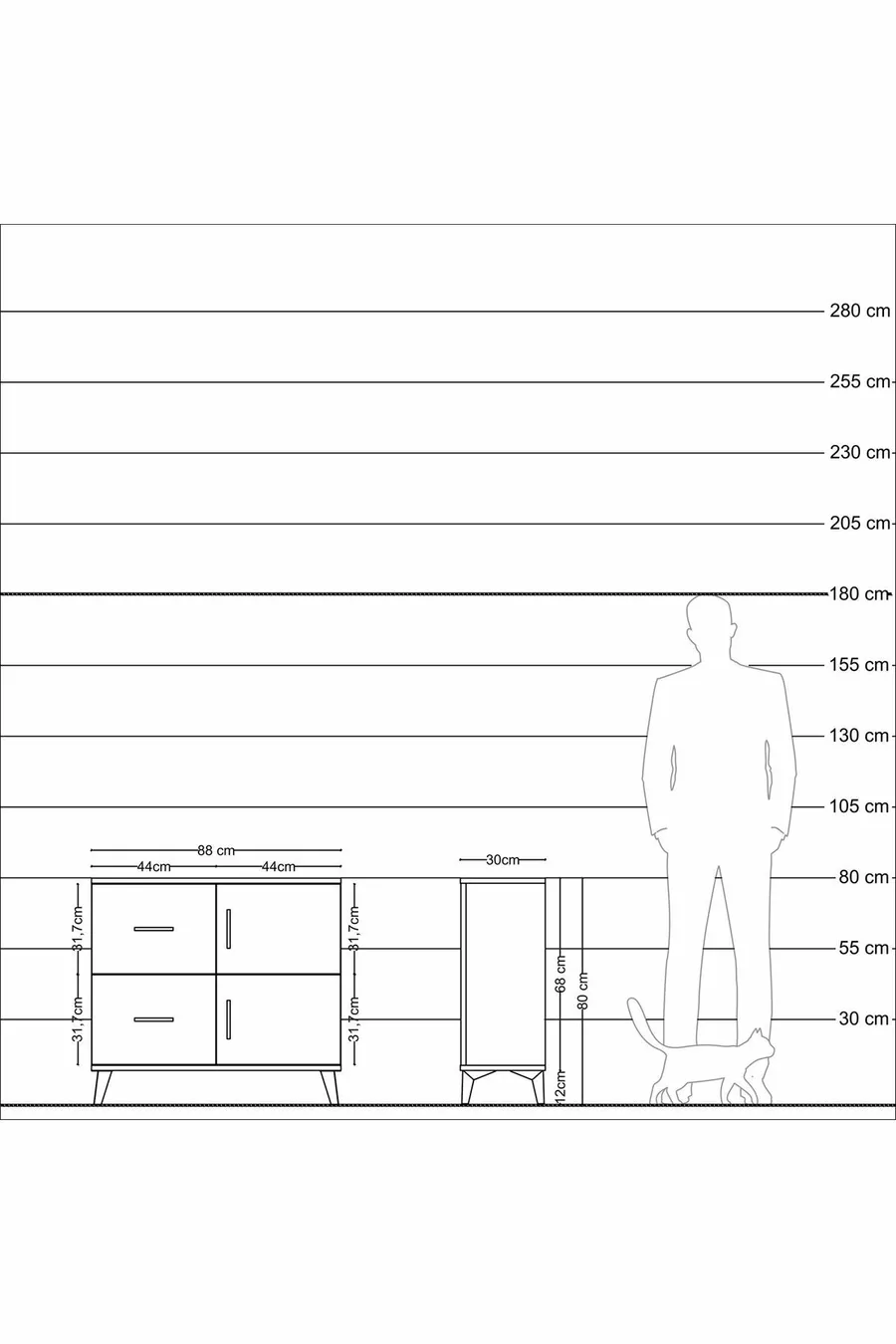 Commode Arges avec une seule étagère, 2 tiroirs et 2 portes, en pin-pierre d'âme/pin