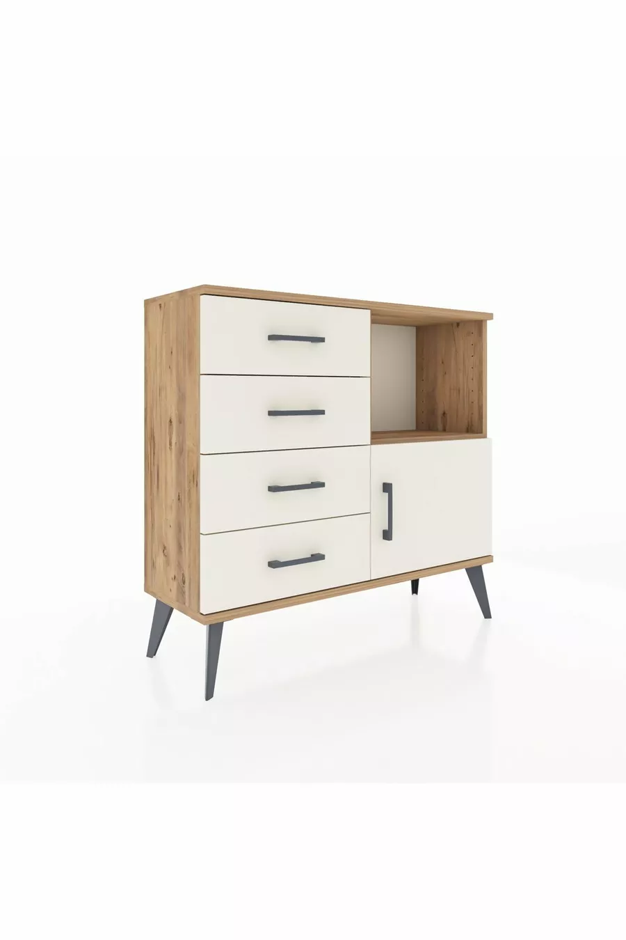Commode Arges à une étagère, 4 tiroirs et une porte, pin et pierre de batte