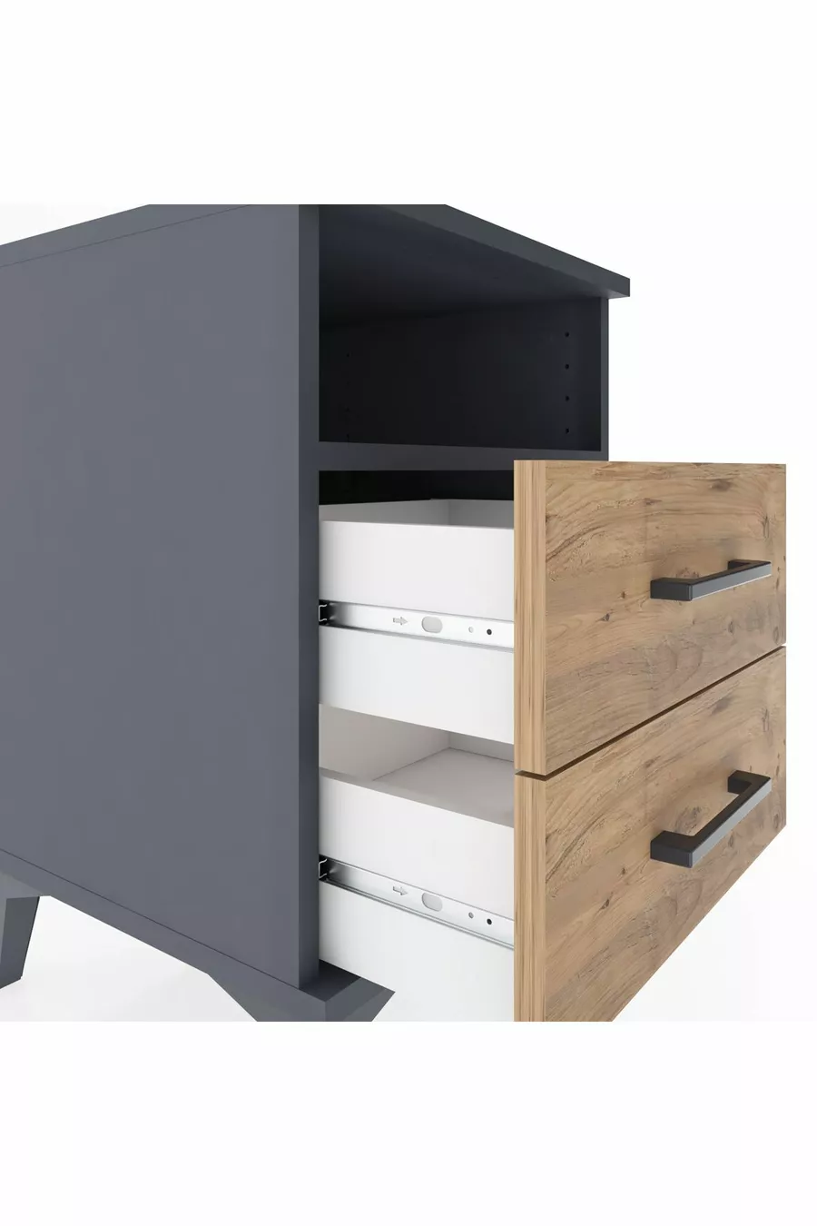 Chevet Hyperion à une étagère et deux tiroirs Anthracite-Pin