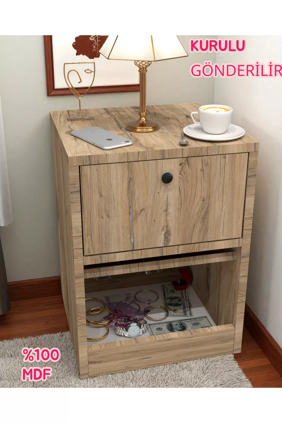 Table de chevet avec serrure et compartiment secret, MDF, livrée assemblée, pas besoin de montage