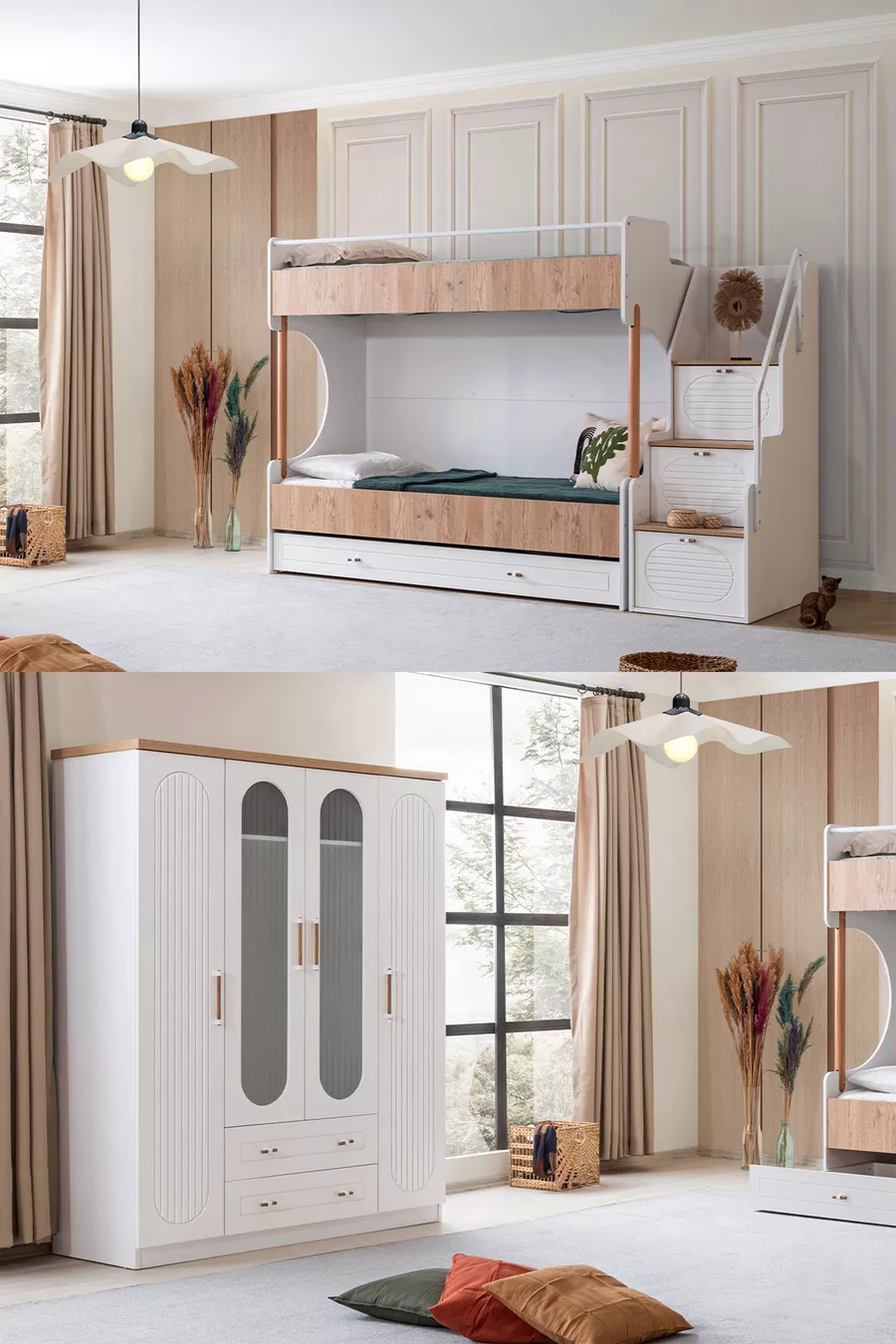 Lits superposés, Ensemble de chambre pour jeunes Vita Bohem en noyer avec lit superposé + armoire à quatre portes