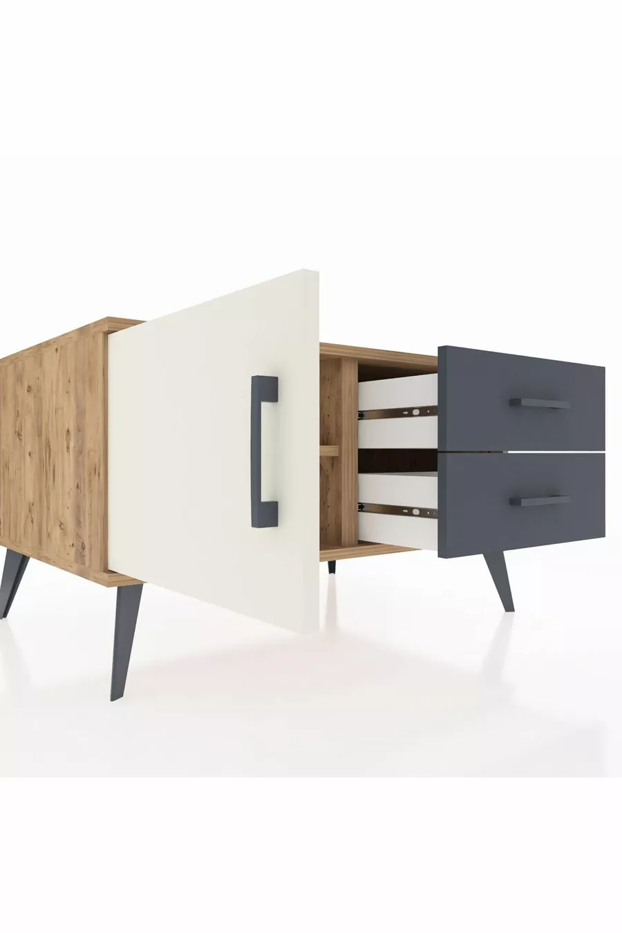 Commode Kronos à une étagère, 2 tiroirs et une porte, Pin-Pierres/Athracite