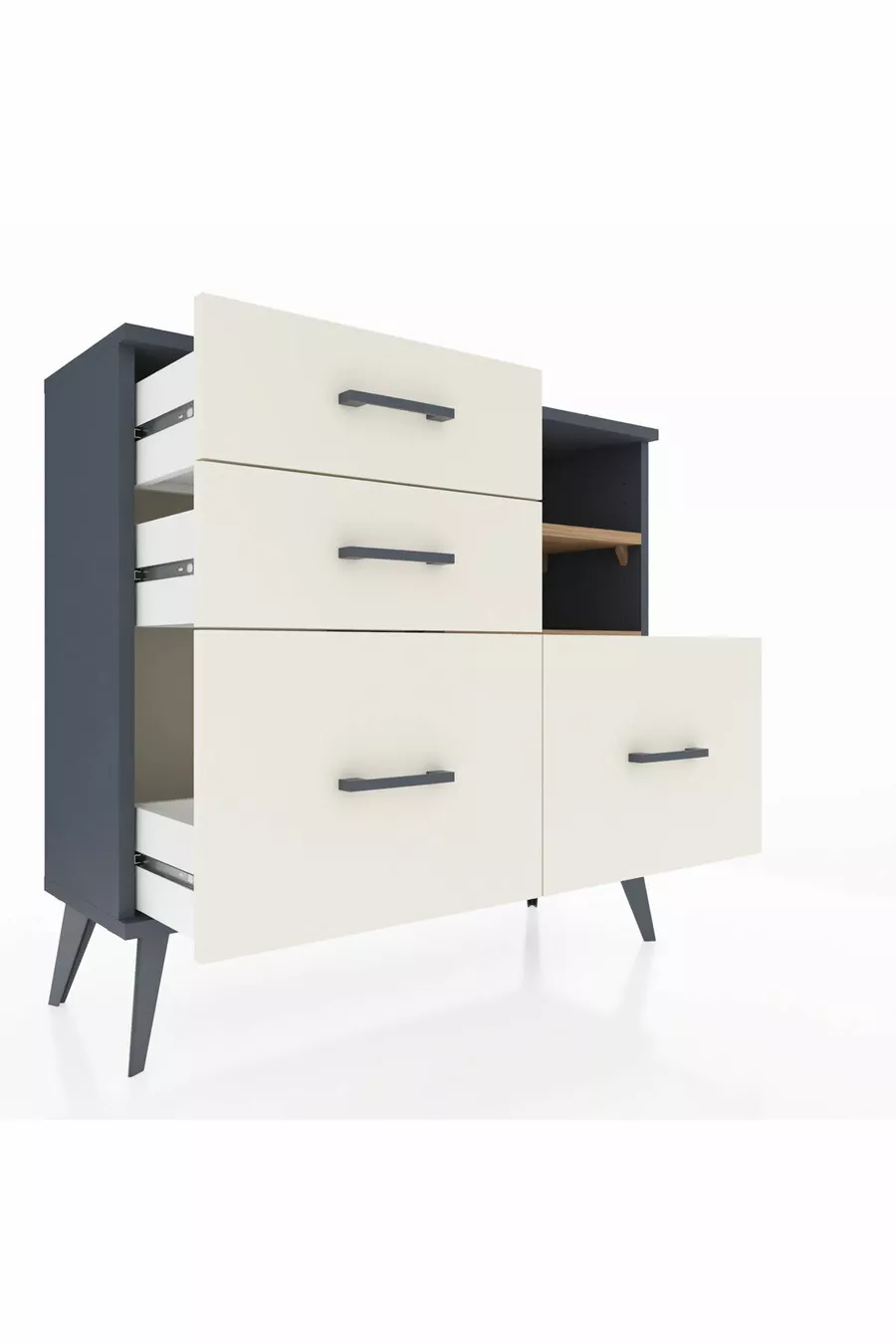 Commode Arges 2 étagères 4 tiroirs Anthracite-Pin/Pierre de Lune