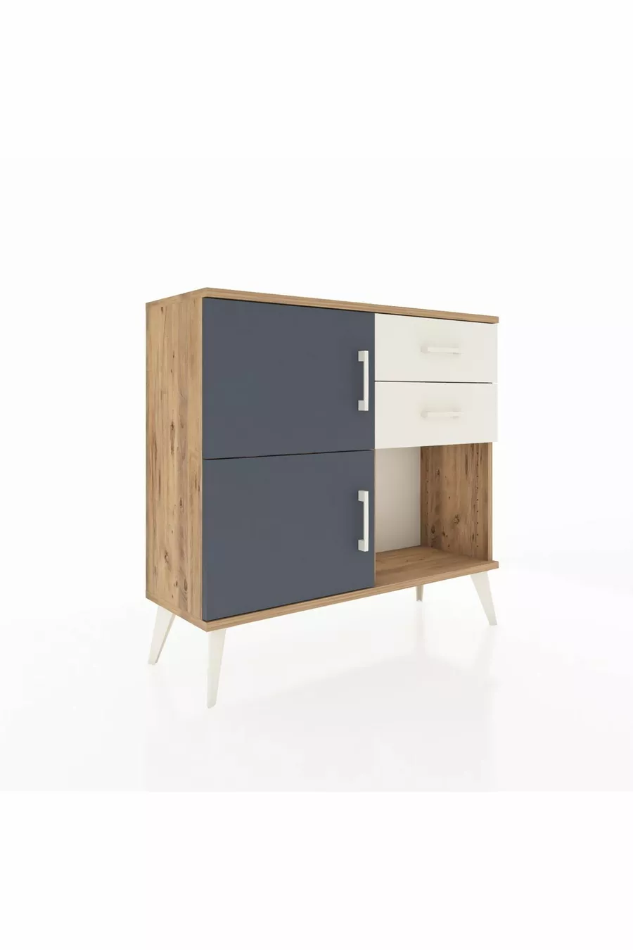Commode Arges avec une seule étagère, 2 tiroirs et 2 portes, pin-anthracite/pierre de lune