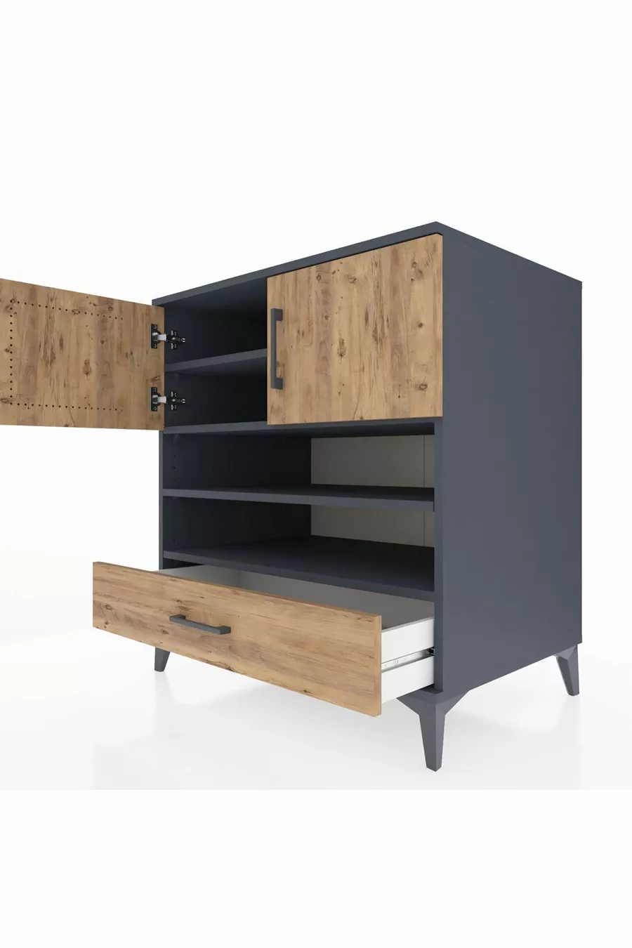 Commode Kronos avec 4 étagères, 1 tiroir et 2 portes, Anthracite-Sapin