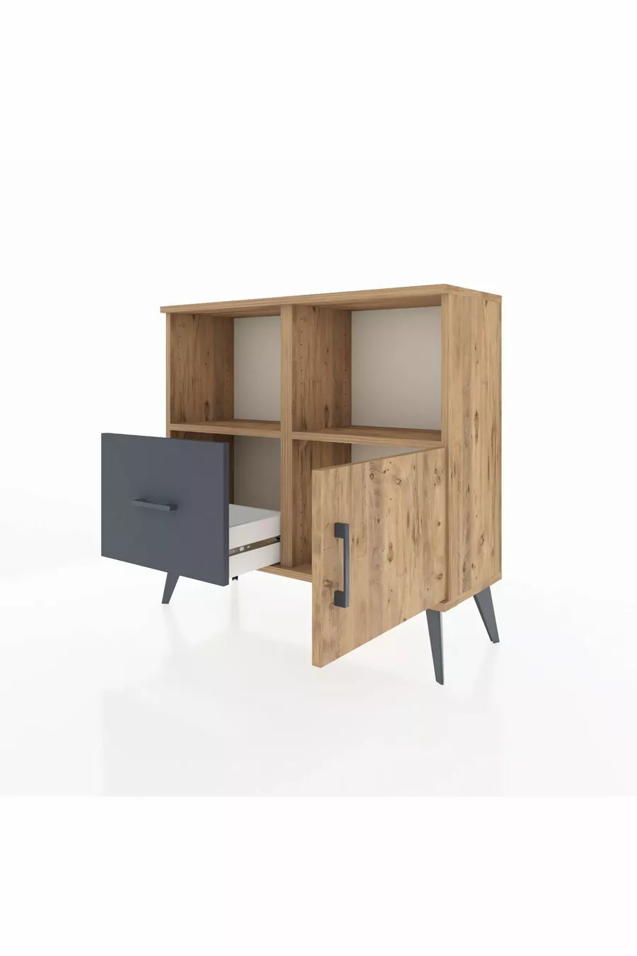Commode Arges avec 2 étagères, 1 tiroir et 1 porte, Pin-Pin/Anthracite