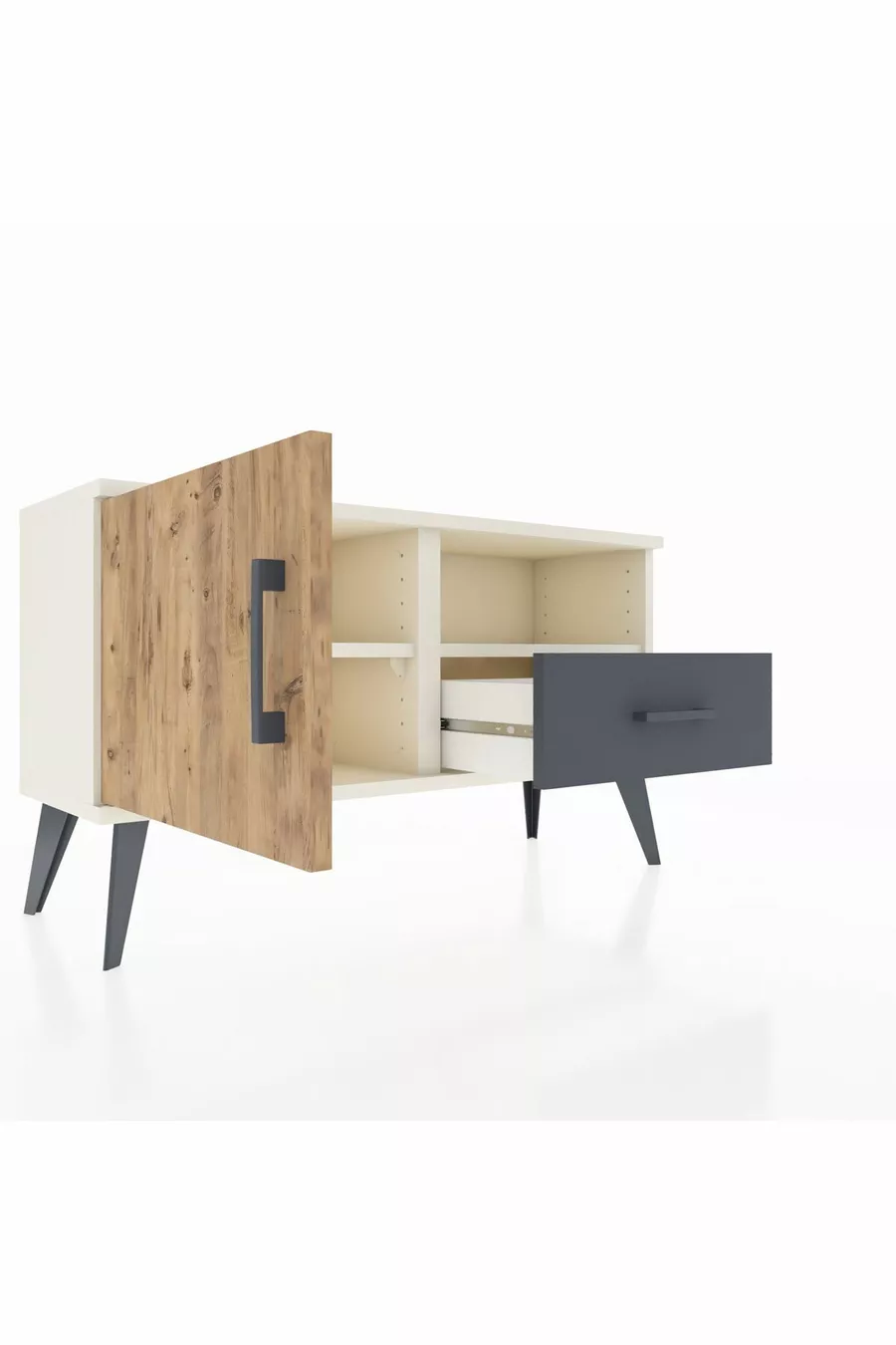 Commode Arges avec 2 étagères, 1 tiroir, 1 porte, couleur Pierre de lune/Pin/Anthracite