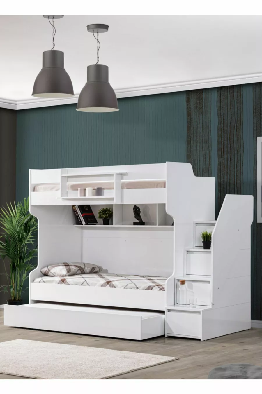 Lits superposés Ranza, courageux avec petit lit - Blanc, 2 matelas confort