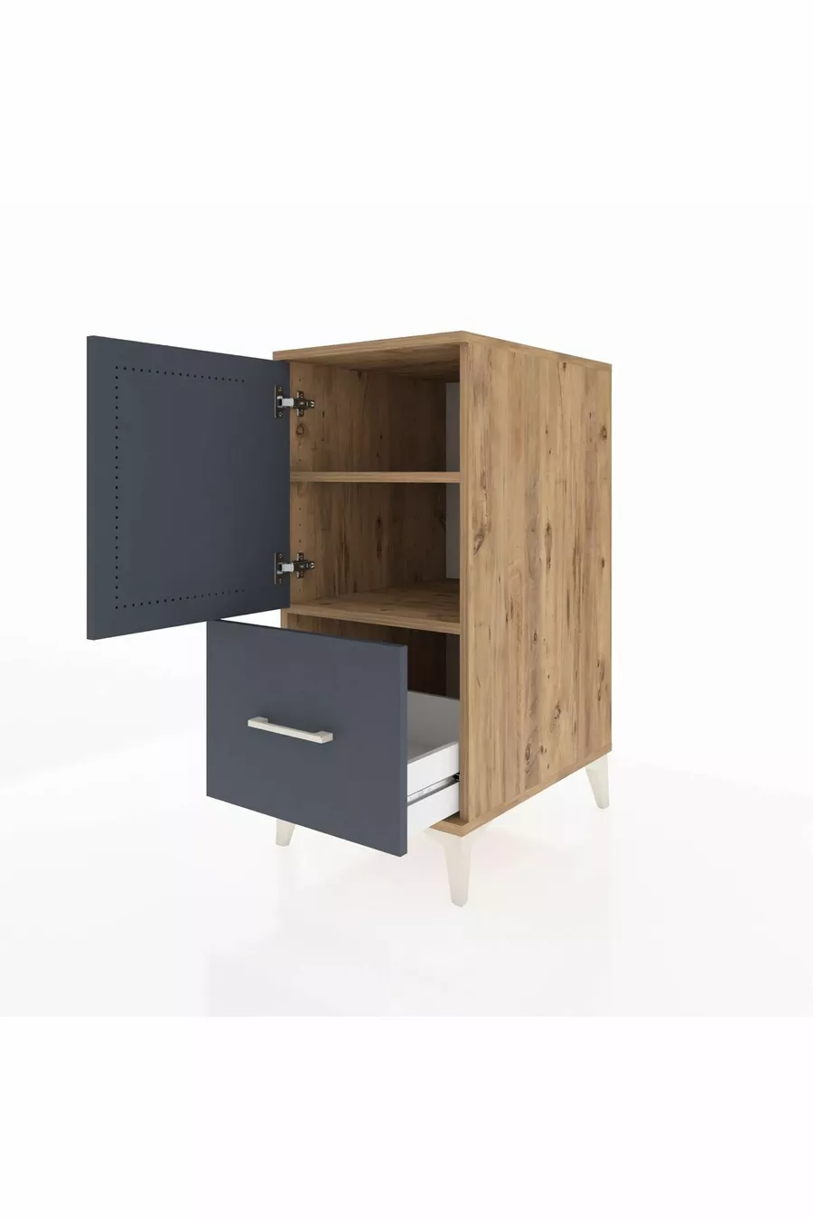 Table de chevet Kronos avec 2 étagères, 1 tiroir et 1 porte, pin-anthracite