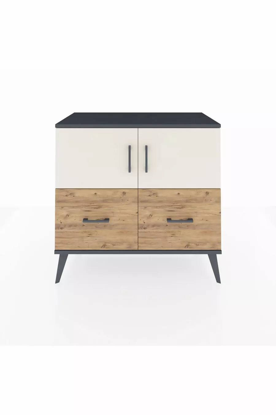 Commode Hyperion 2 étagères 2 tiroirs 2 portes Anthracite-Pierre de lune/Sapin