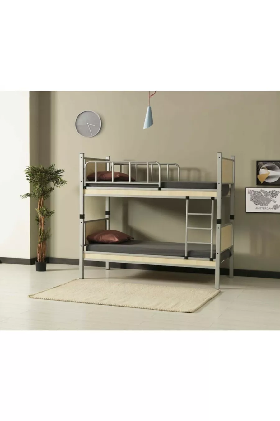 Chambre d'enfant Yurt avec lit superposé en métal et tête de lit en bois