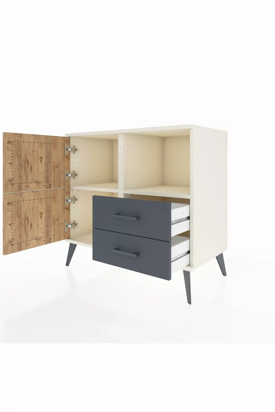 Commode Hyperion 2 étagères 2 tiroirs 2 portes Pierre de Lune-Sapin/Anthracite