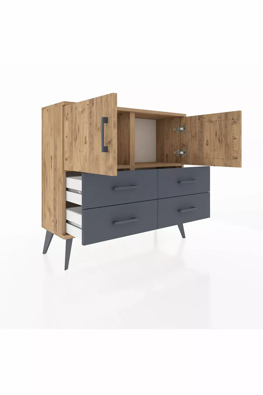 Commode Arges 2 étagères, 4 tiroirs, 2 portes, Pin/Anthracite