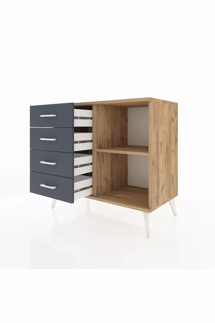 Commode Hyperion à une étagère, 4 tiroirs, Pin-Pin/Anthracite