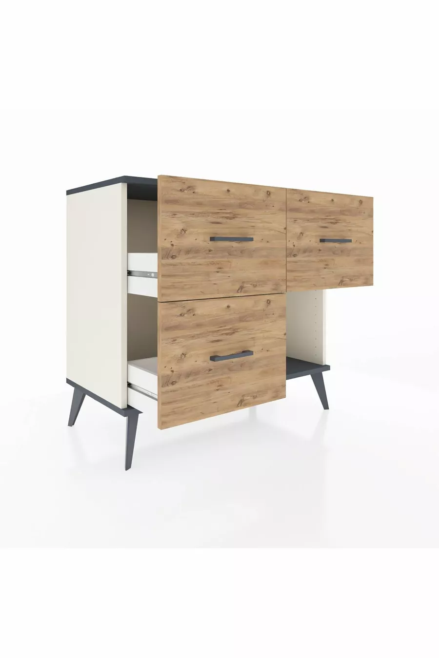 Commode Hyperion 3 tiroirs Pierre de lune-Anthracite/Sapin