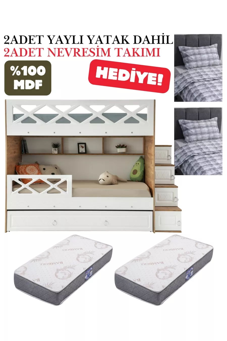Mars Ranza / 100 % MDF / 2 Lits superposés avec sommier à ressorts en bambou / 2 Parures de lit offertes