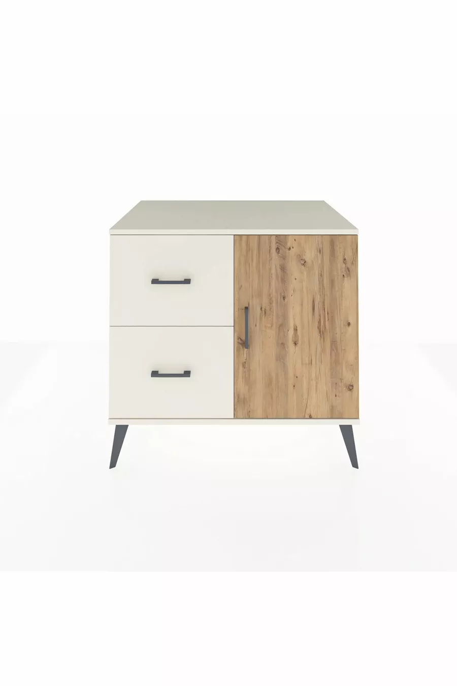Commode Kronos à une étagère, 2 tiroirs et une porte, Pierre de Lune-Pin/Pierre de Lune