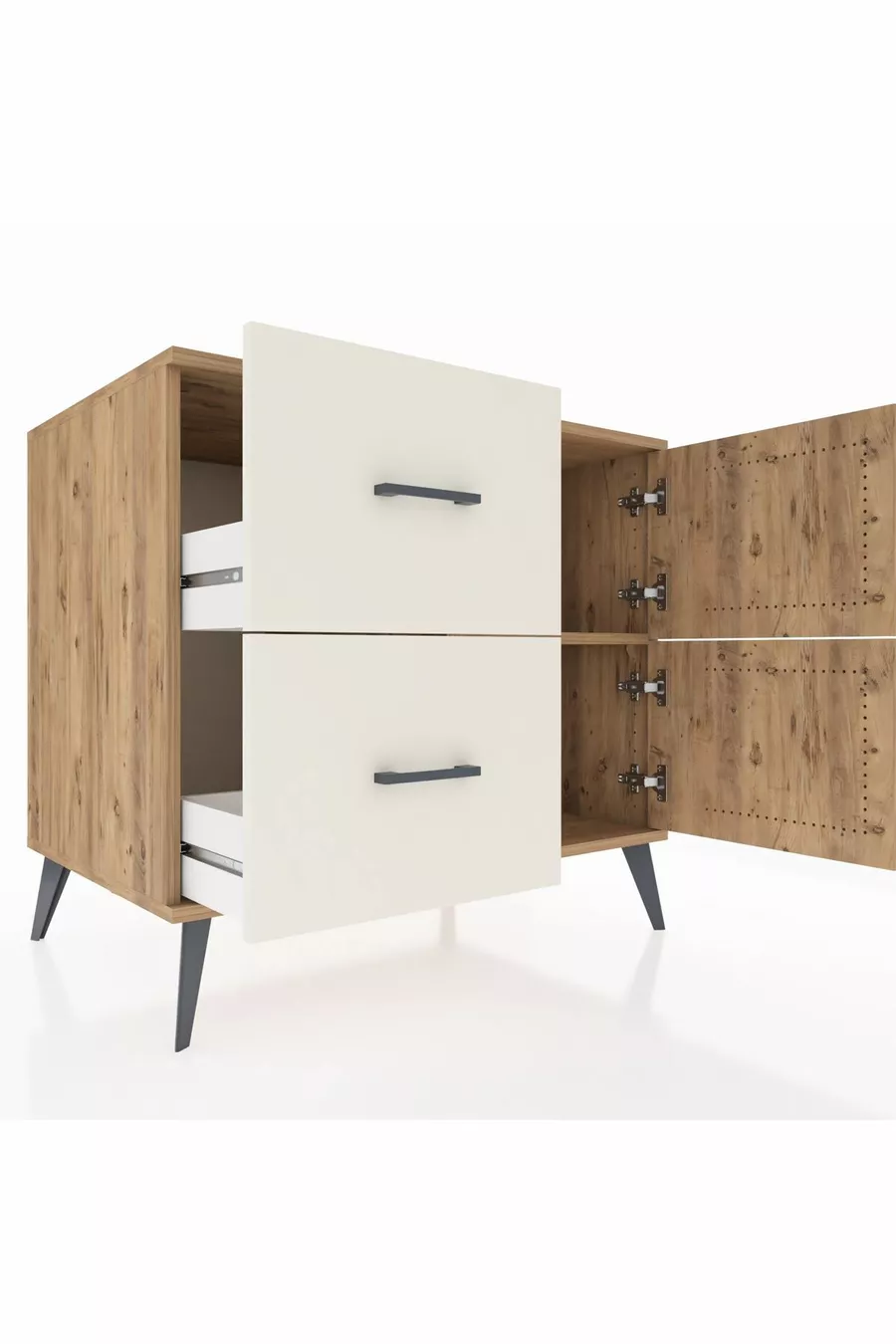 Commode Kronos à une étagère, 2 tiroirs et 2 portes, Pin-Pin / Pierre de lune