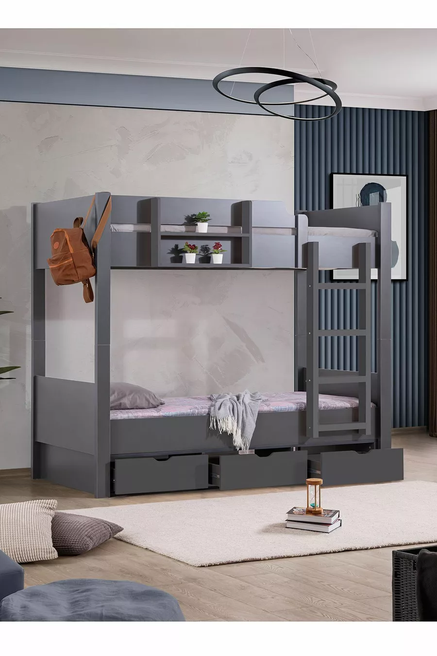 Lit superposé Ranza Asya avec tiroirs amovibles, 2 matelas Comfort