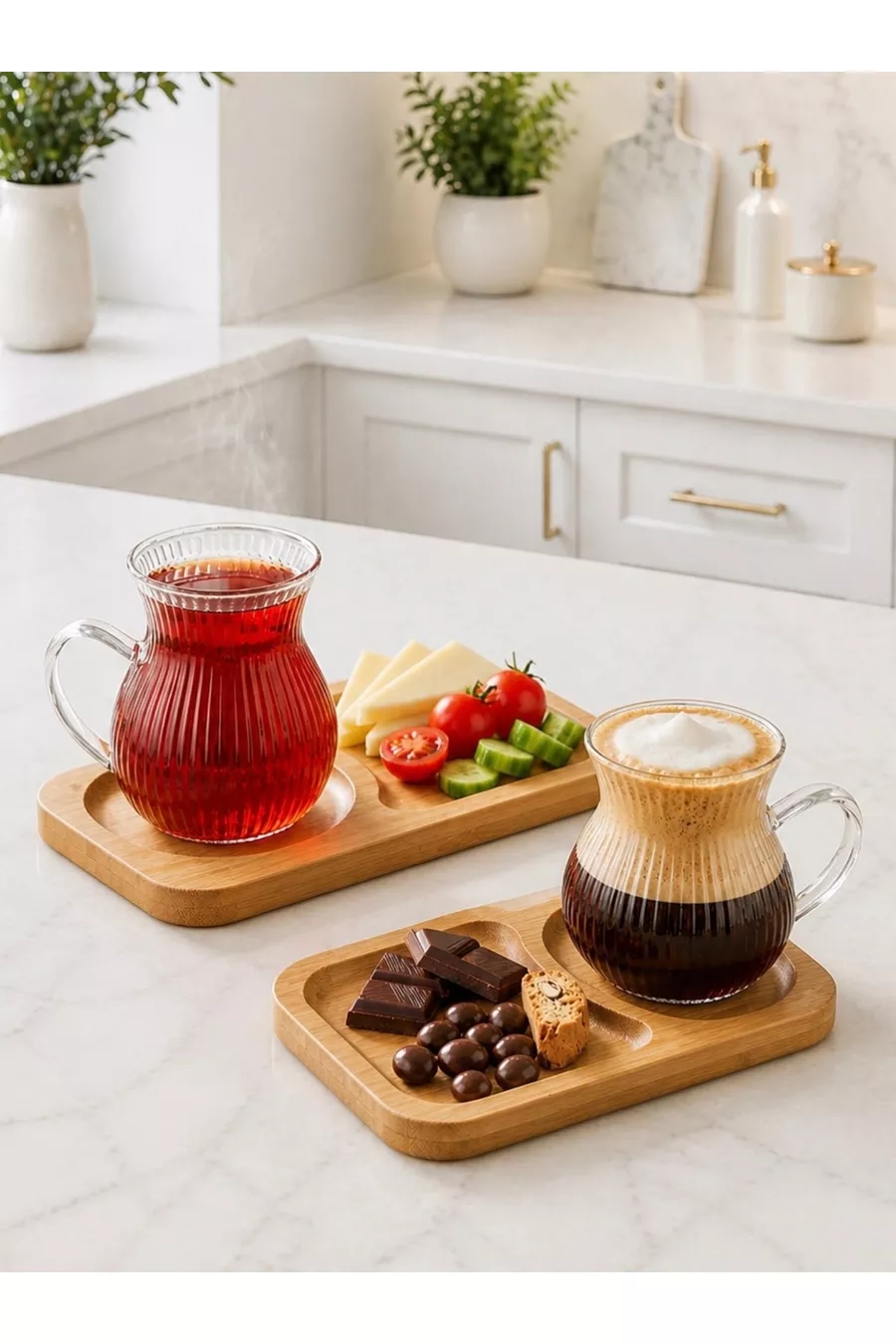 Tasse en verre borosilicat avec poignée, ensemble de 2, 4 pièces, avec assiette en bambou,  ML, tasse à thé et café en verre