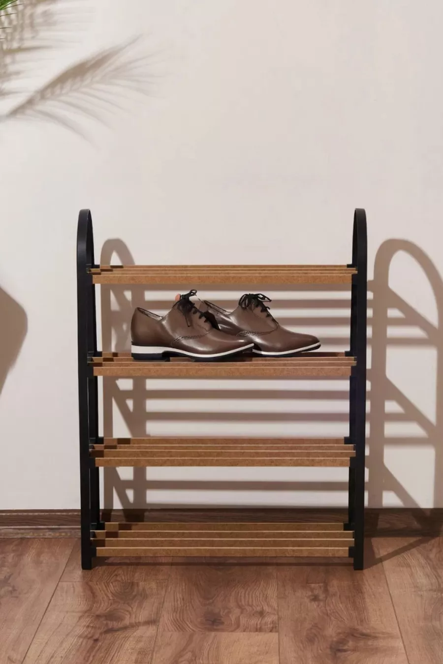 Meuble à chaussures midi à 4 compartiments avec barres en bois, capacité de 8 paires de chaussures, unité étagère de qualité 1ère classe