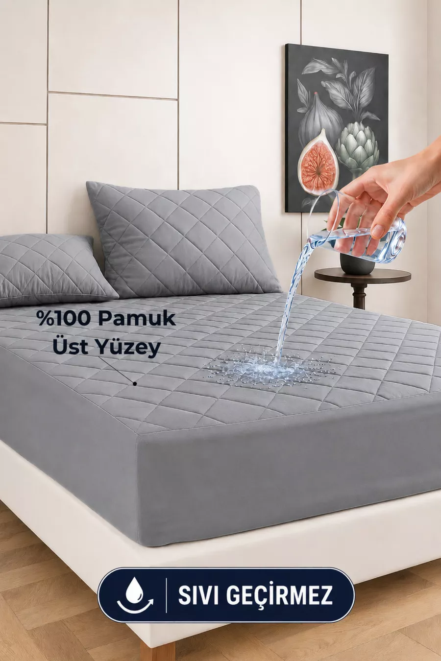 Protection de matelas matelassée Premium grise  % coton, ajustée, bord complet, imperméable, pour toutes les tailles