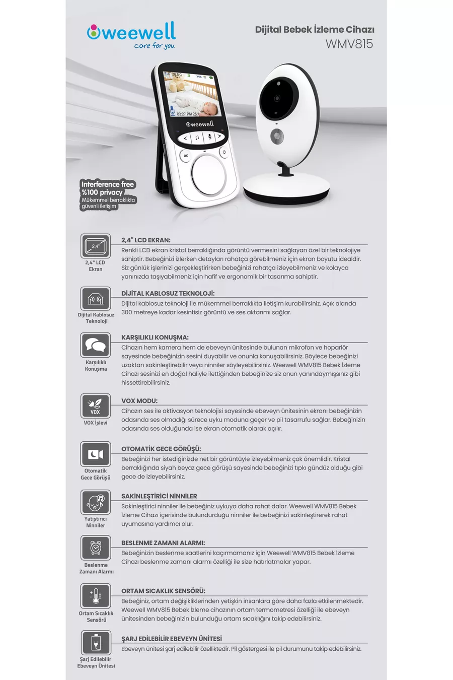  Caméra Bébé Weewel - Écran LCD 2,4", Conversation Bidirectionnelle, Berceuse Apaisante