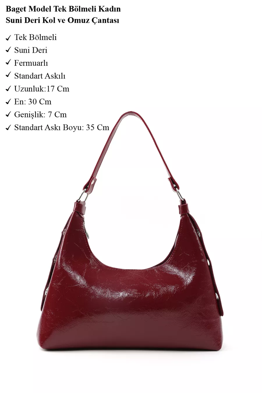 Sac à main et à épaule pour femme en cuir synthétique bordeaux à texture froissée, modèle , à un compartiment, forme baguette
