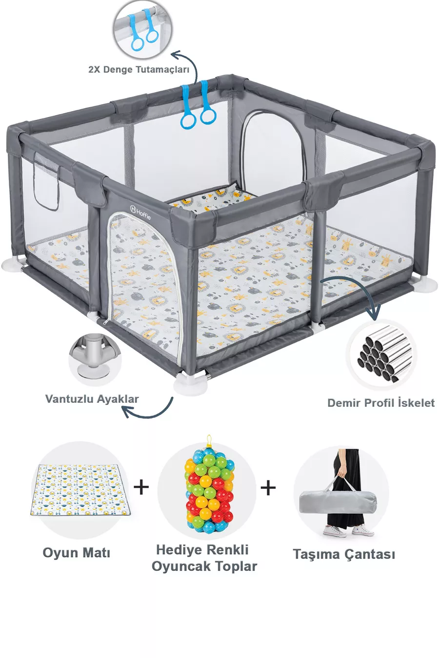 Aire de jeux sécurisée Original Playard Plus pour bébés et enfants, parc de jeux, tapis de jeu et balles, gris