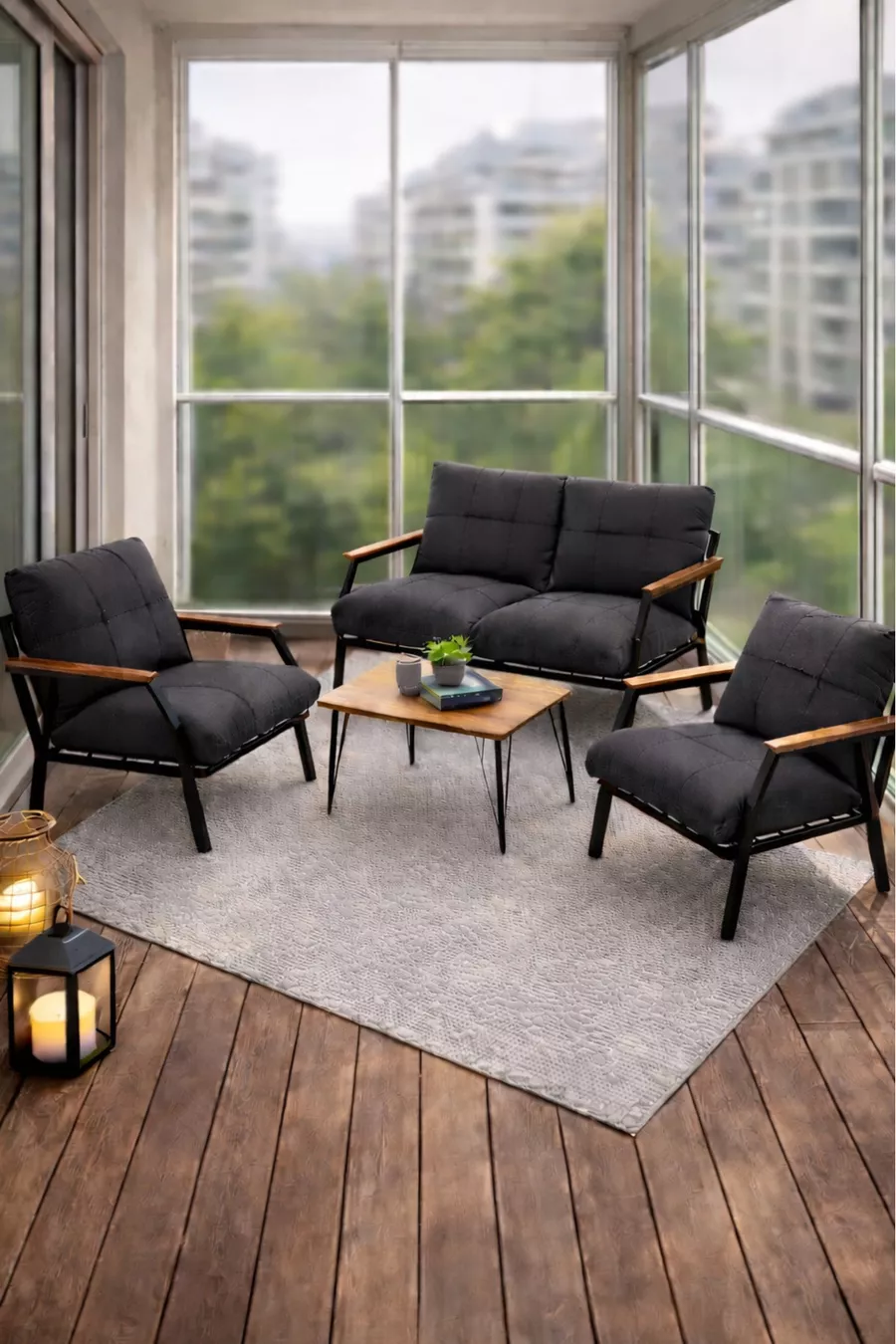 Mobilier de jardin 2 1 1 Ensemble de jardin Miray avec table en métal Ensemble de balcon Ensemble de thé 