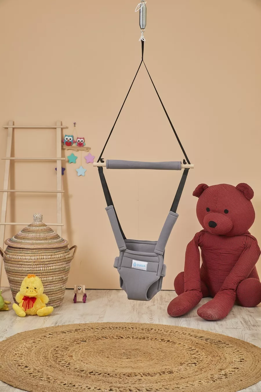 Hoppala Zıpzıp Kangourou avec Protection Faciale, Trotteur Bébé à Équilibre à Ressort en Bois Naturel Gris
