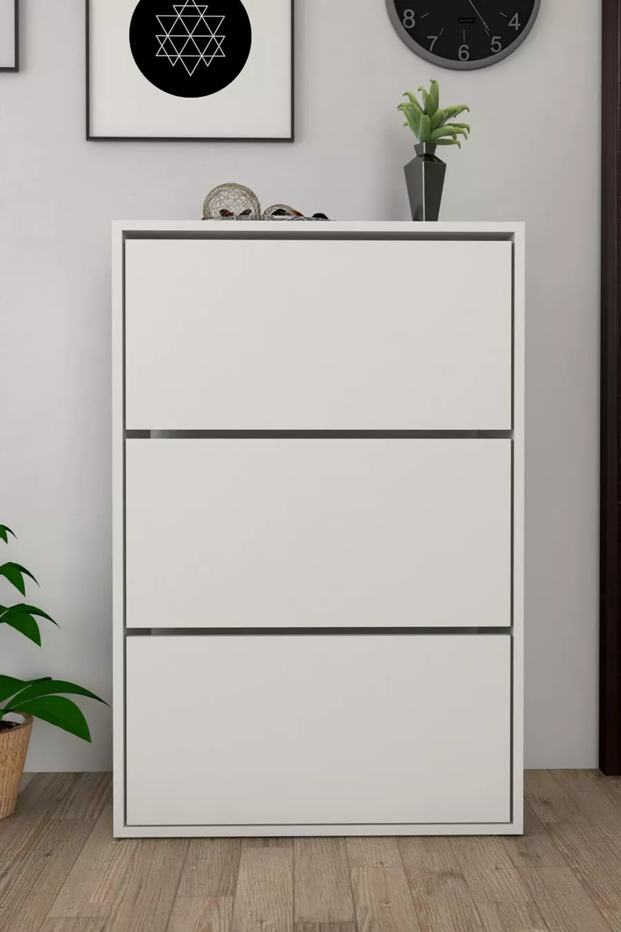 Meuble à chaussures blanc avec 3 portes et étagères coulissantes