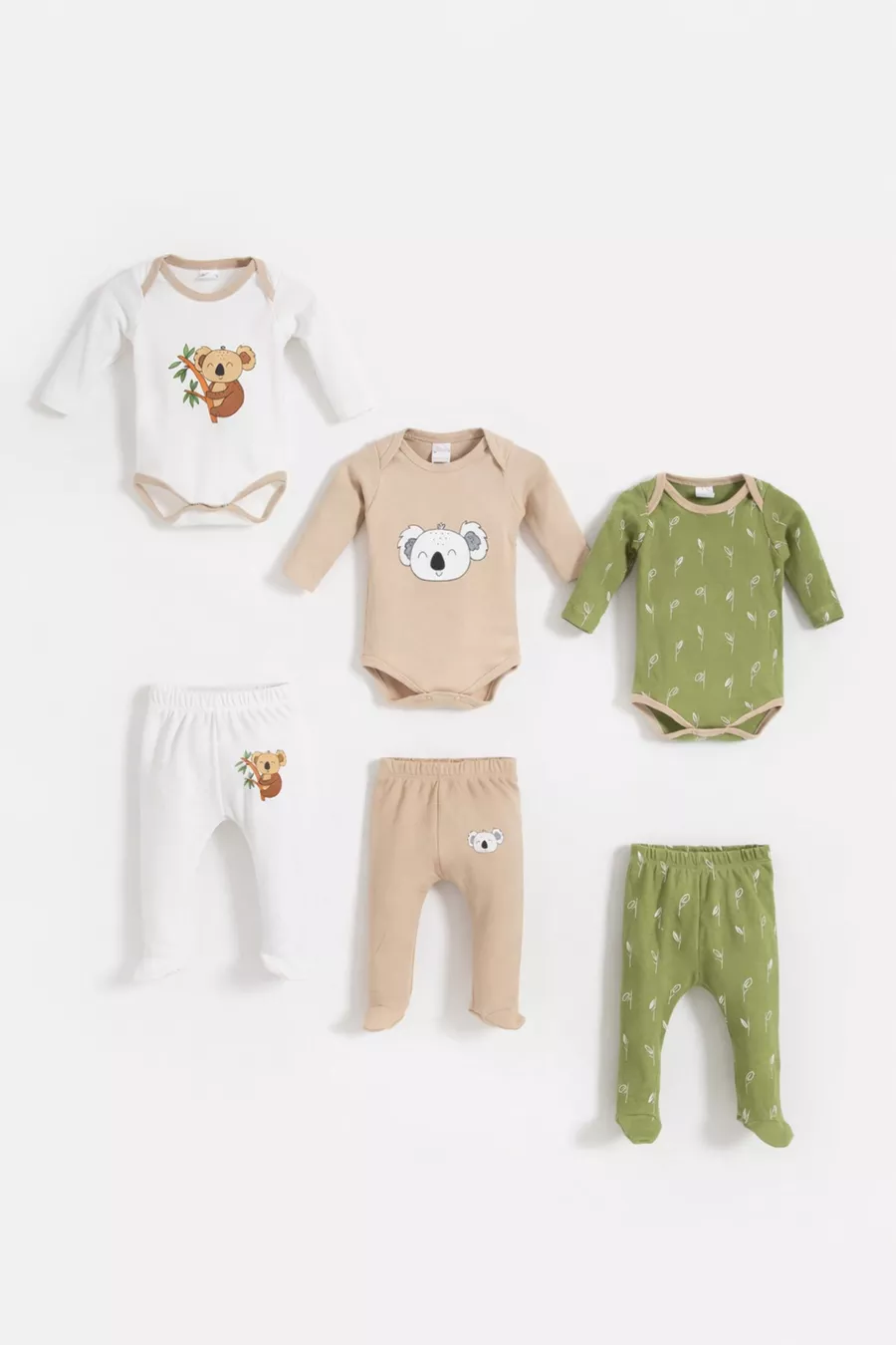 Set de 6 pièces pour bébé avec motif Koala : 3 bodies et 3 pantalons avec pieds - Multicolore