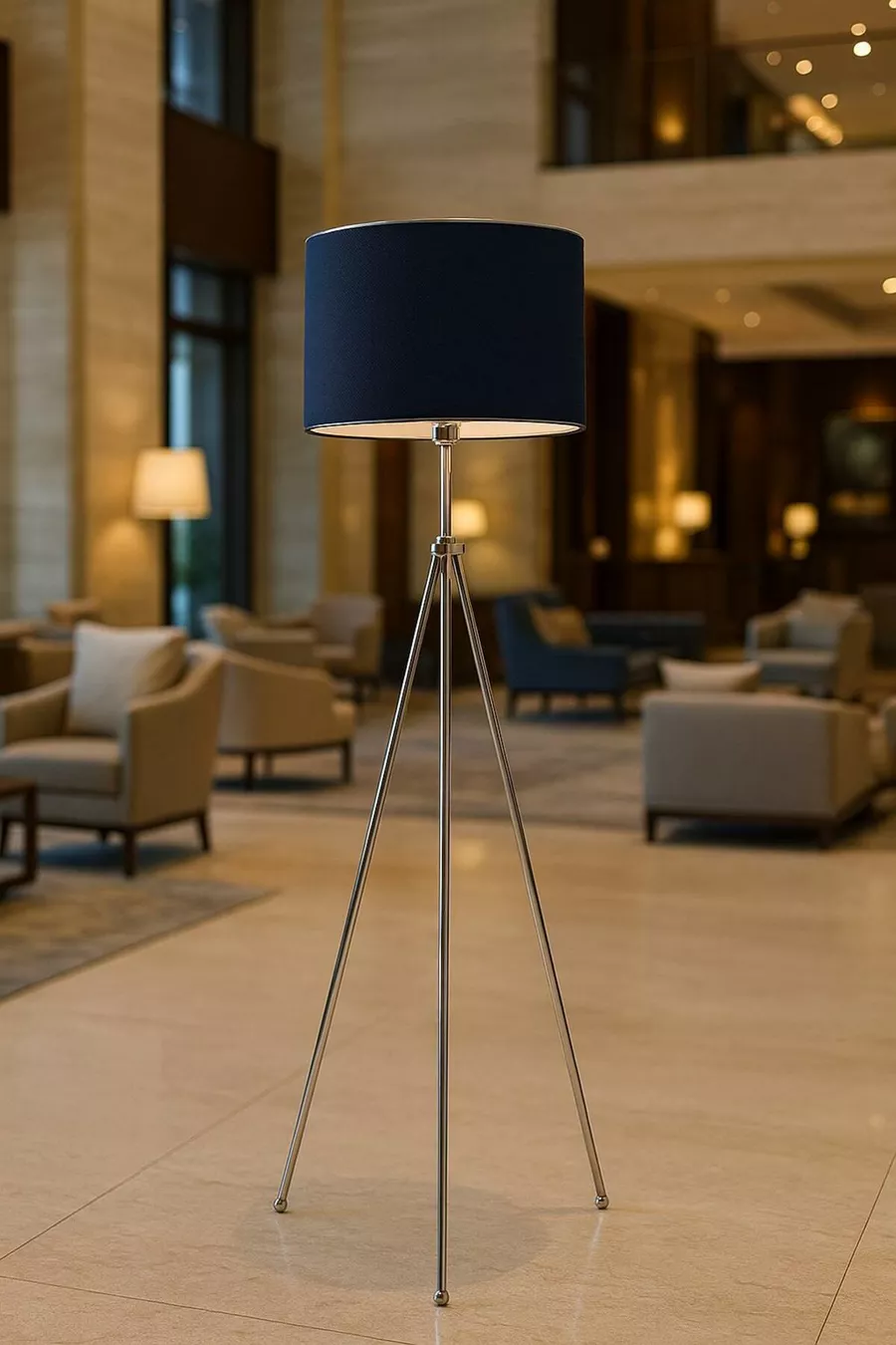 Lampadaire Trépied en Chrome - Bleu marine