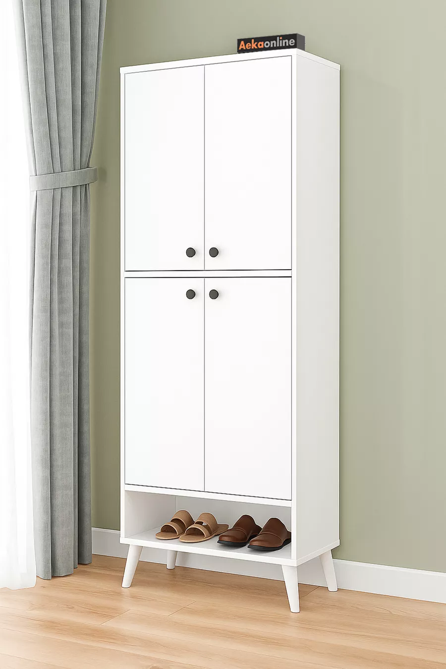 Étagère à chaussures blanche  brevetée, 9 étagères, sur pieds, armoire polyvalente à 4 portes, placard à provisions