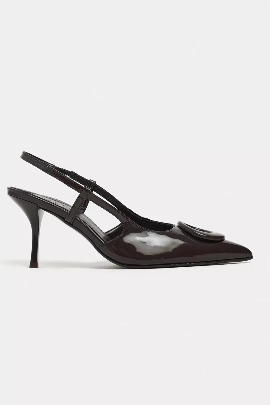 Chaussure pour femme à talon fin, bout pointu, ouvert à l'arrière, avec accessoires en cuir verni Nereid