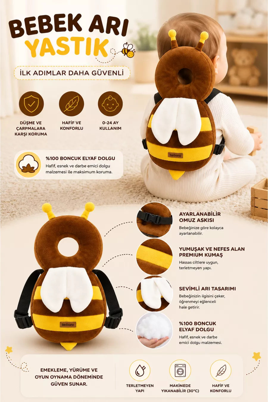 Coussin de protection de tête d'ange Protection contre la chute Protection du cou Figurine d'abeille Protection pour bébé