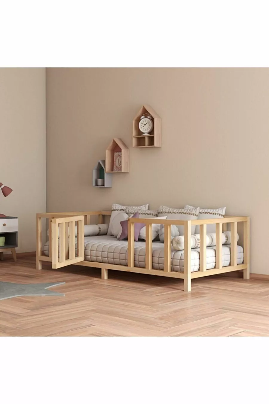 Lit Montessori Unisexe pour Bébé et Enfant avec Portes en Bois Naturel