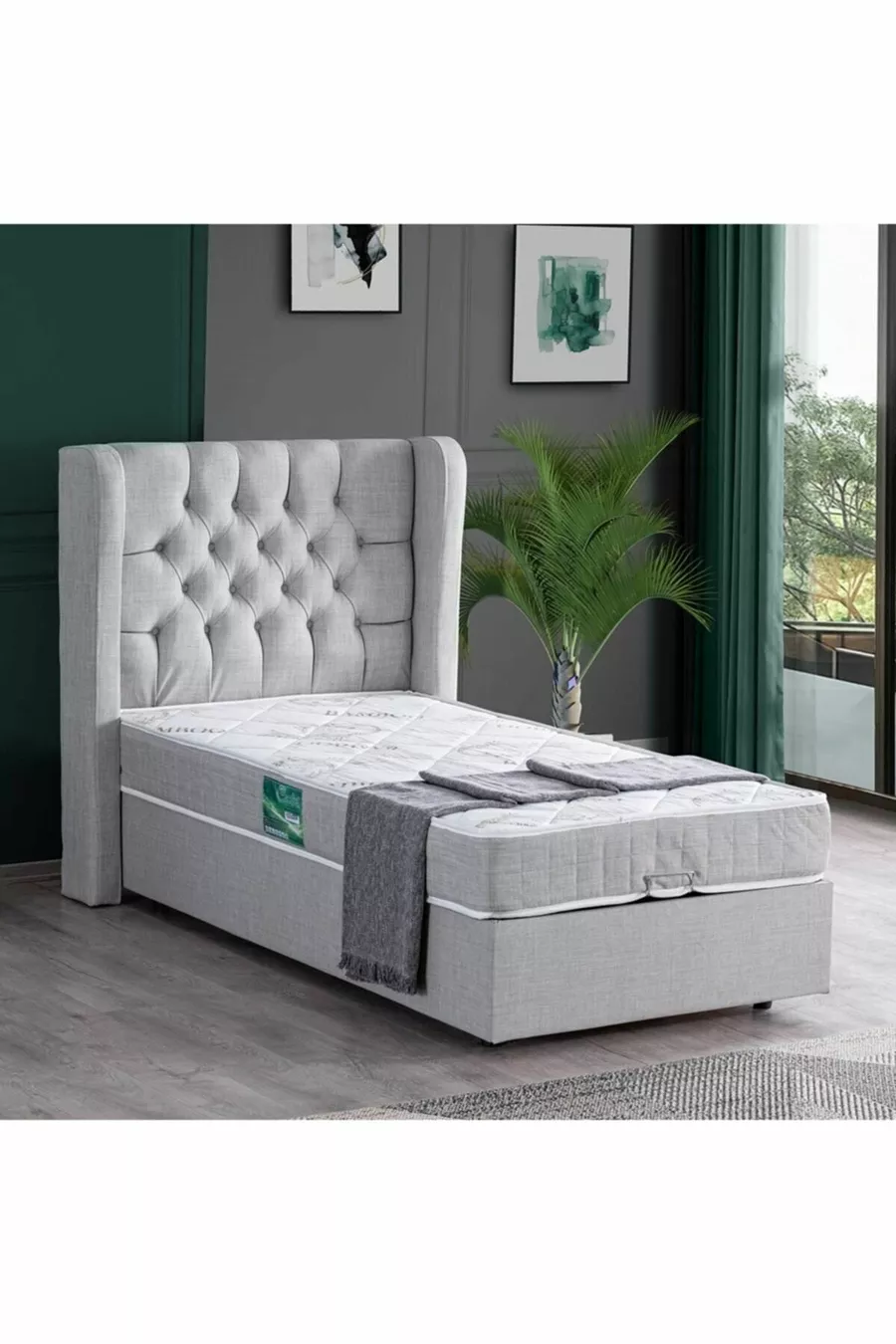 Ensemble de lit Riga avec sommier simple et tête de lit Comfort, gris clair
