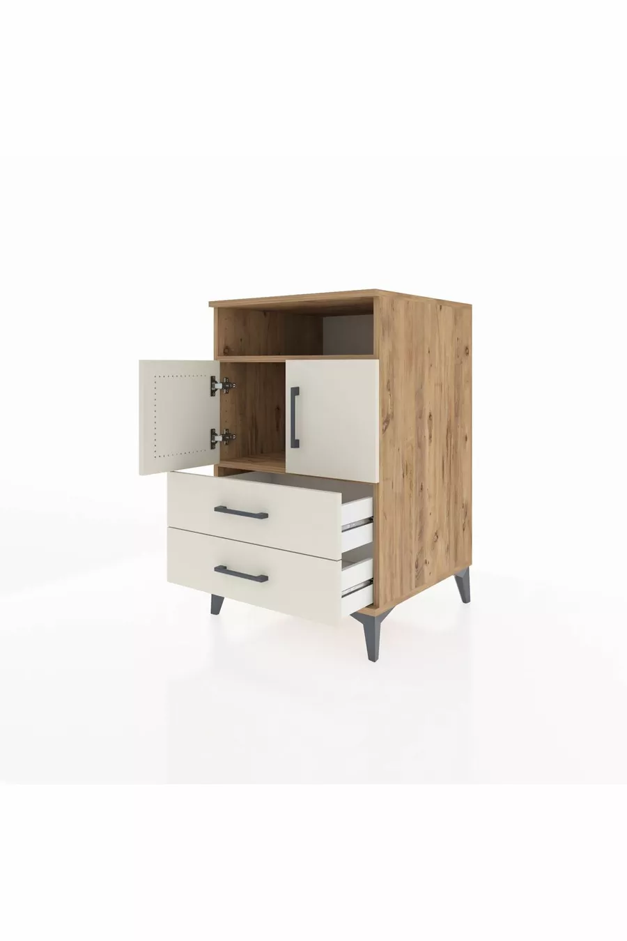Table de chevet Kronos avec 2 étagères, 2 tiroirs et 2 portes, pin-gris