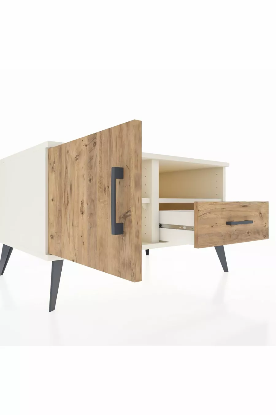 Commode Kronos 2 étagères, 1 tiroir, 1 porte, Pierre de lune-Pin