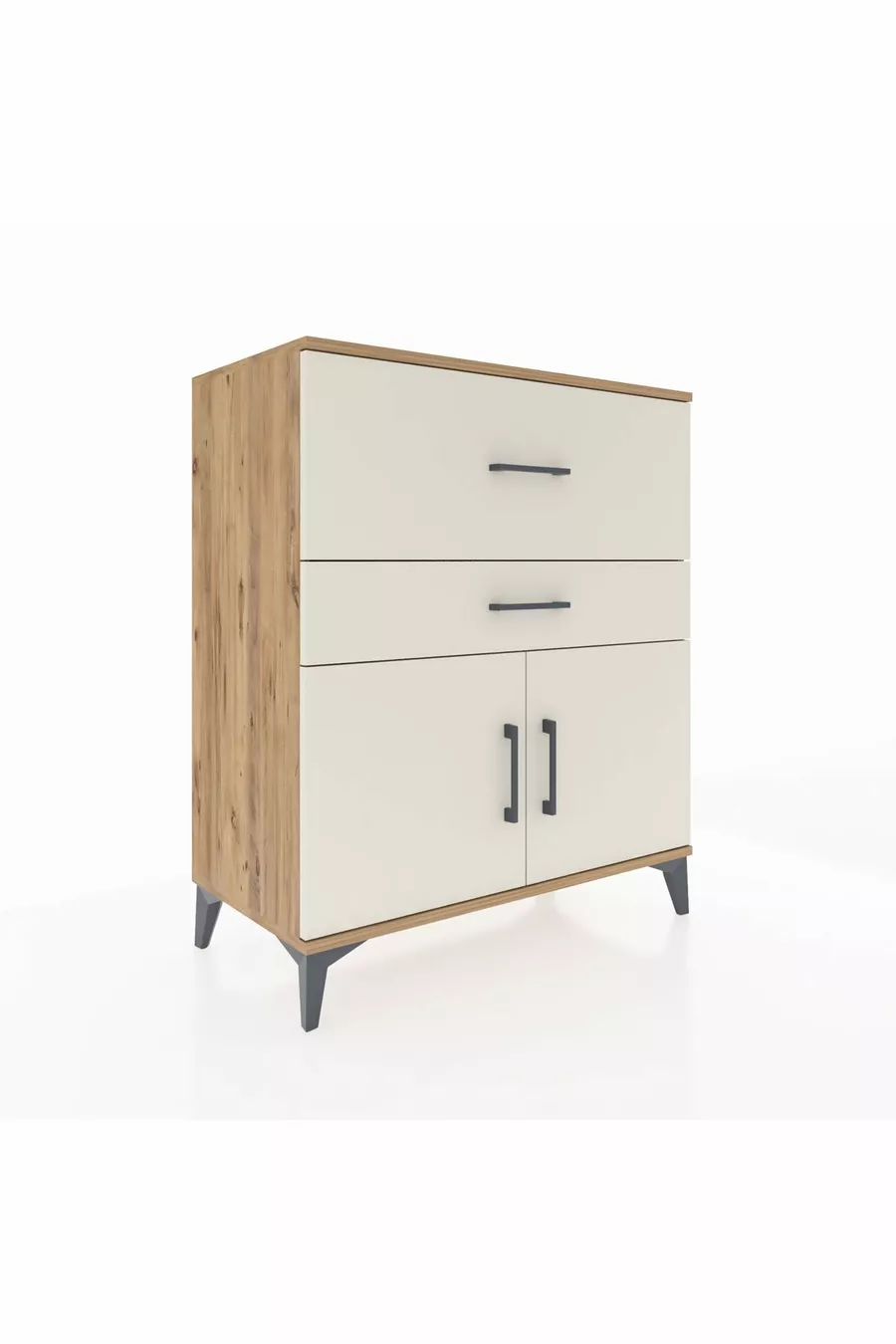 Commode Hyperion à une étagère, 2 tiroirs et 2 portes, pin-jaspe