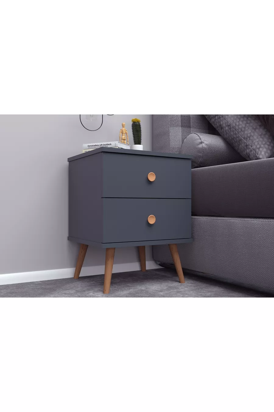 COMMODE MILAS, AVEC PIEDS EN BOIS, ANTHRACITE