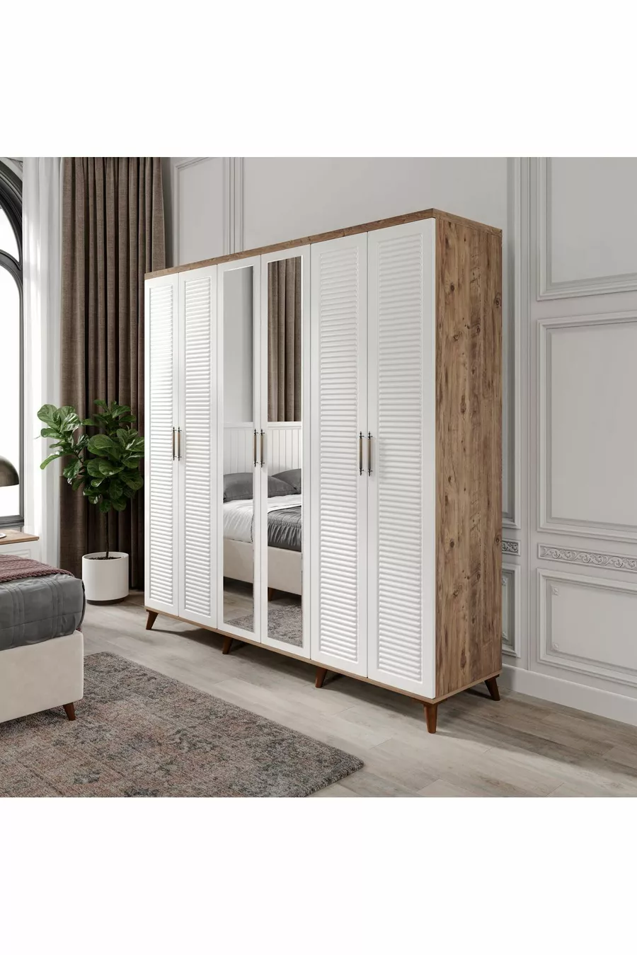 Ensemble de chambre à coucher en MDF complet Paris à 6 portes, pin Atlantique blanc (avec sommier)