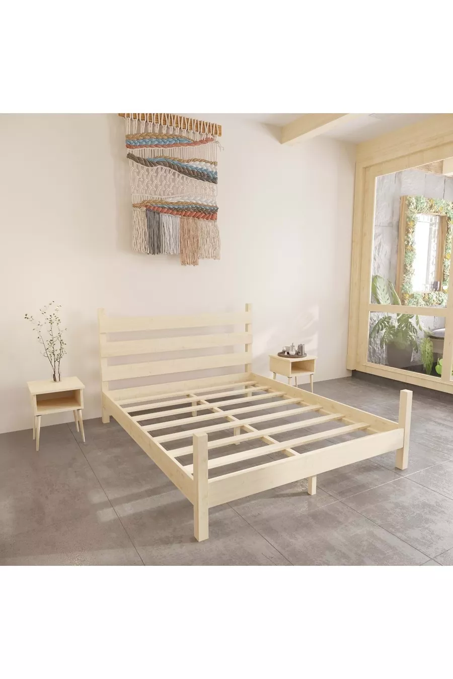 Lit en bois de pin naturel Natura Model avec deux tables de chevet