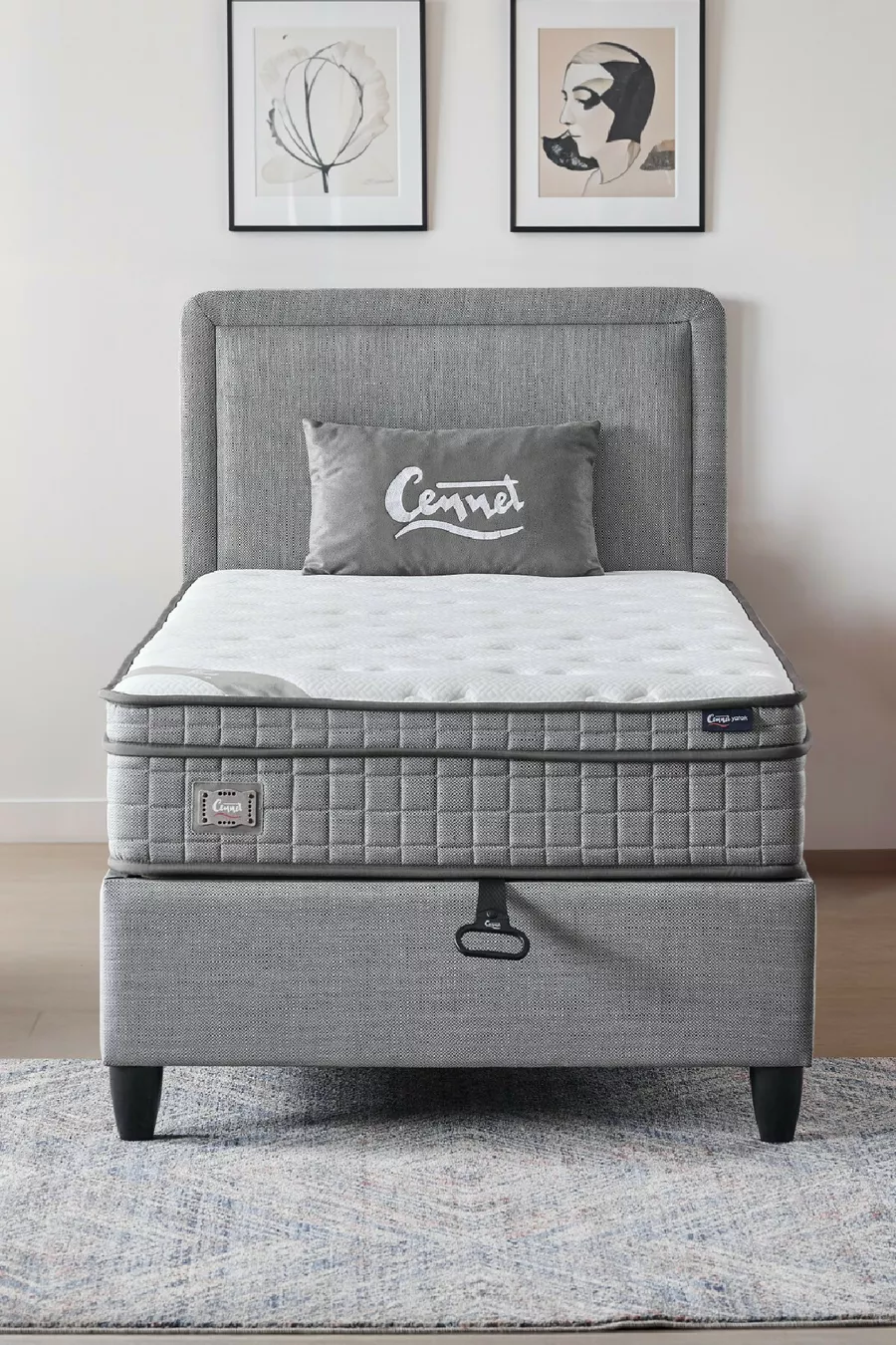 Ensemble 3 pièces Melisa : Sommier coffre une place + Matelas viscoélastique orthopédique antibactérien complet + Tête de lit
