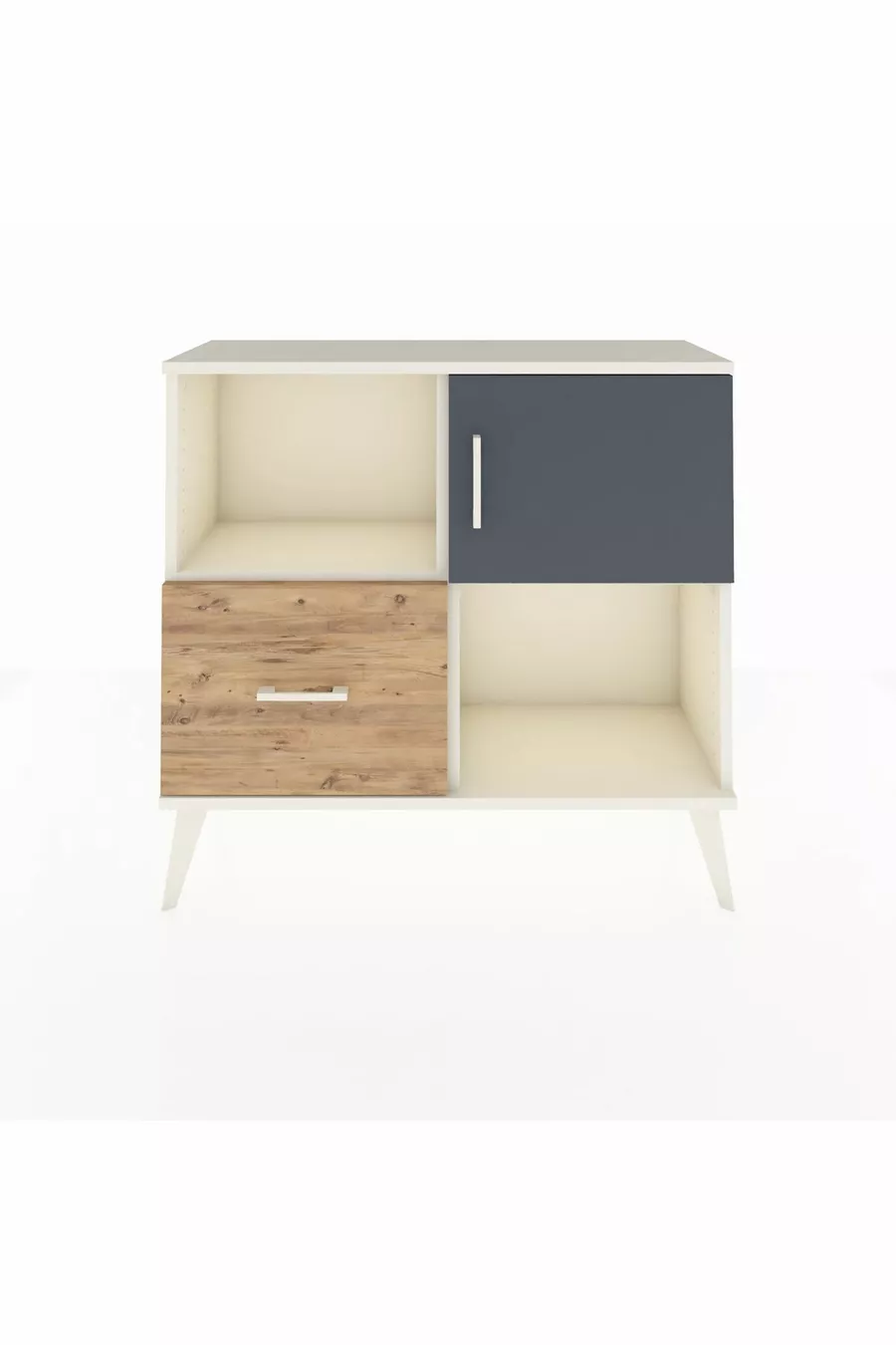 Commode Arges avec 2 étagères, 1 tiroir et 1 porte, couleur Pierre de Lune-Anthracite/Sapin