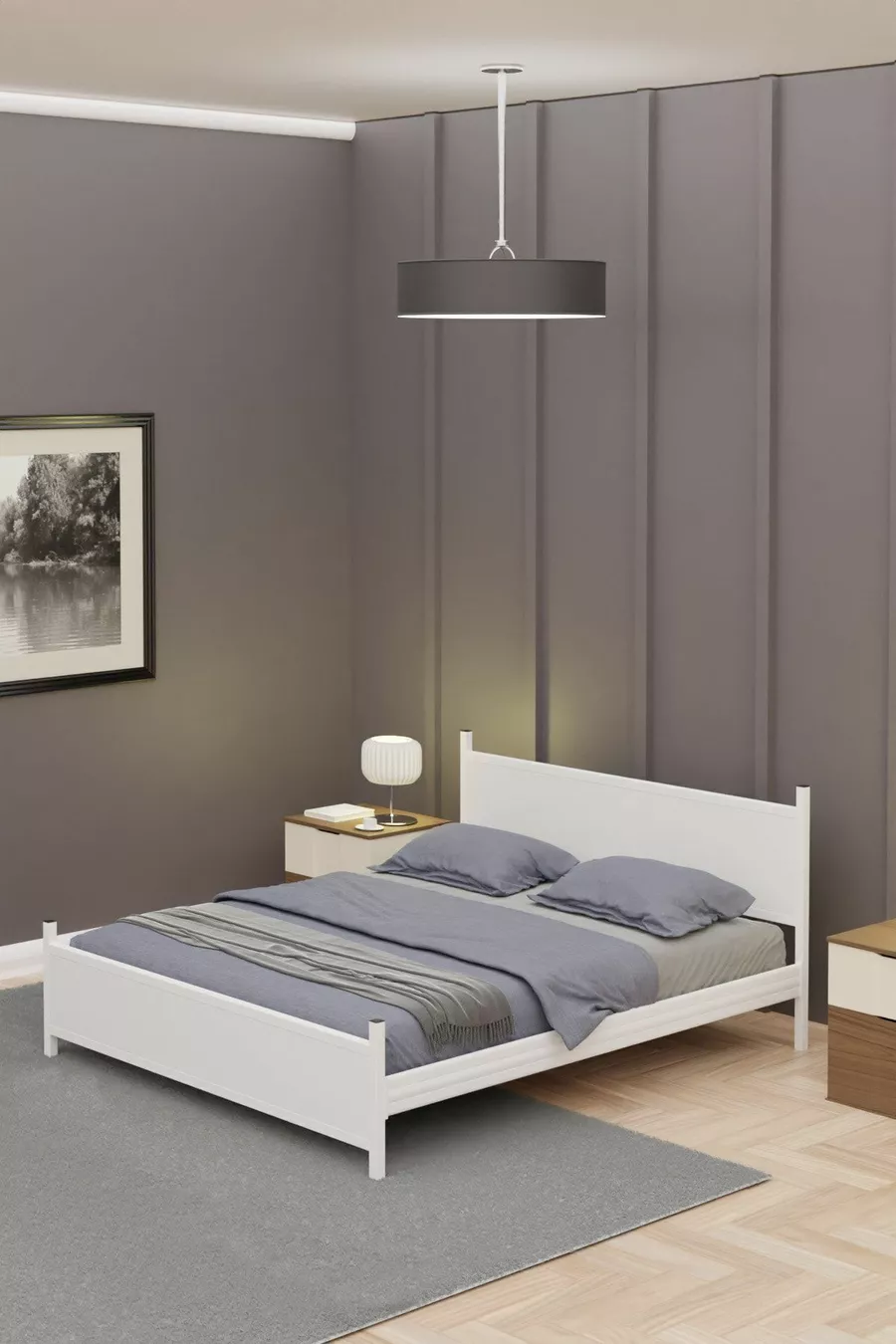 Lit double moderne GM en bois et métal, entièrement blanc