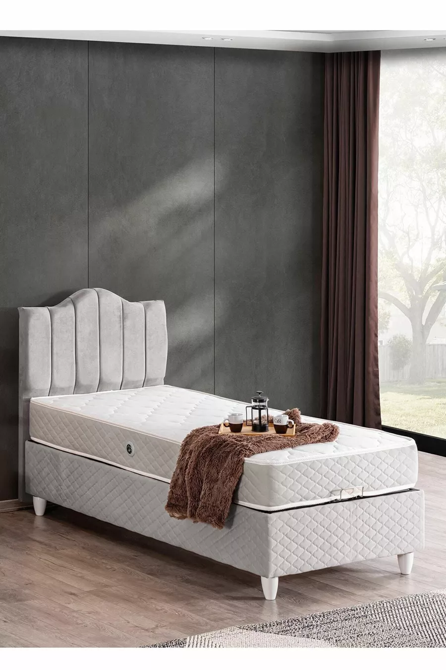 Sommier, Ensemble Double Tendence, Tête de lit simple - Gris
